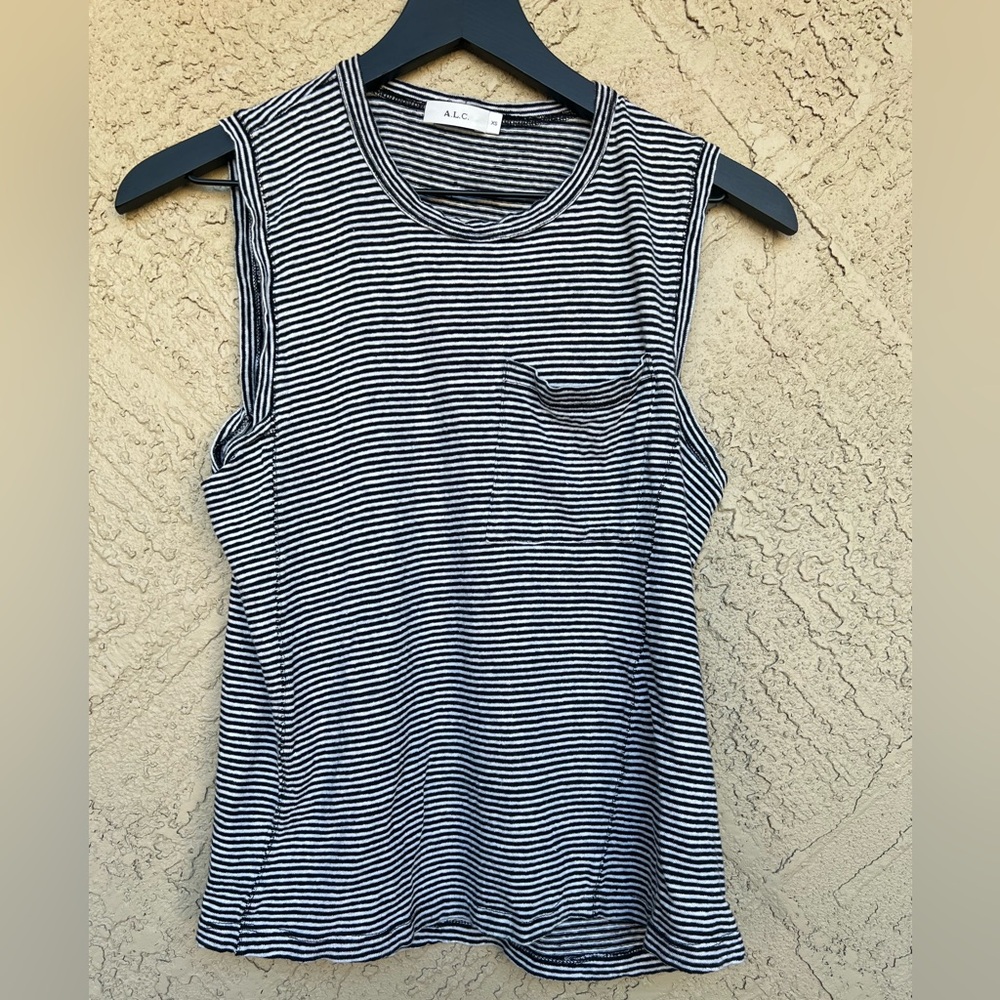 A.L.C. Black and White Striped Linen Pocket Tank Size XS